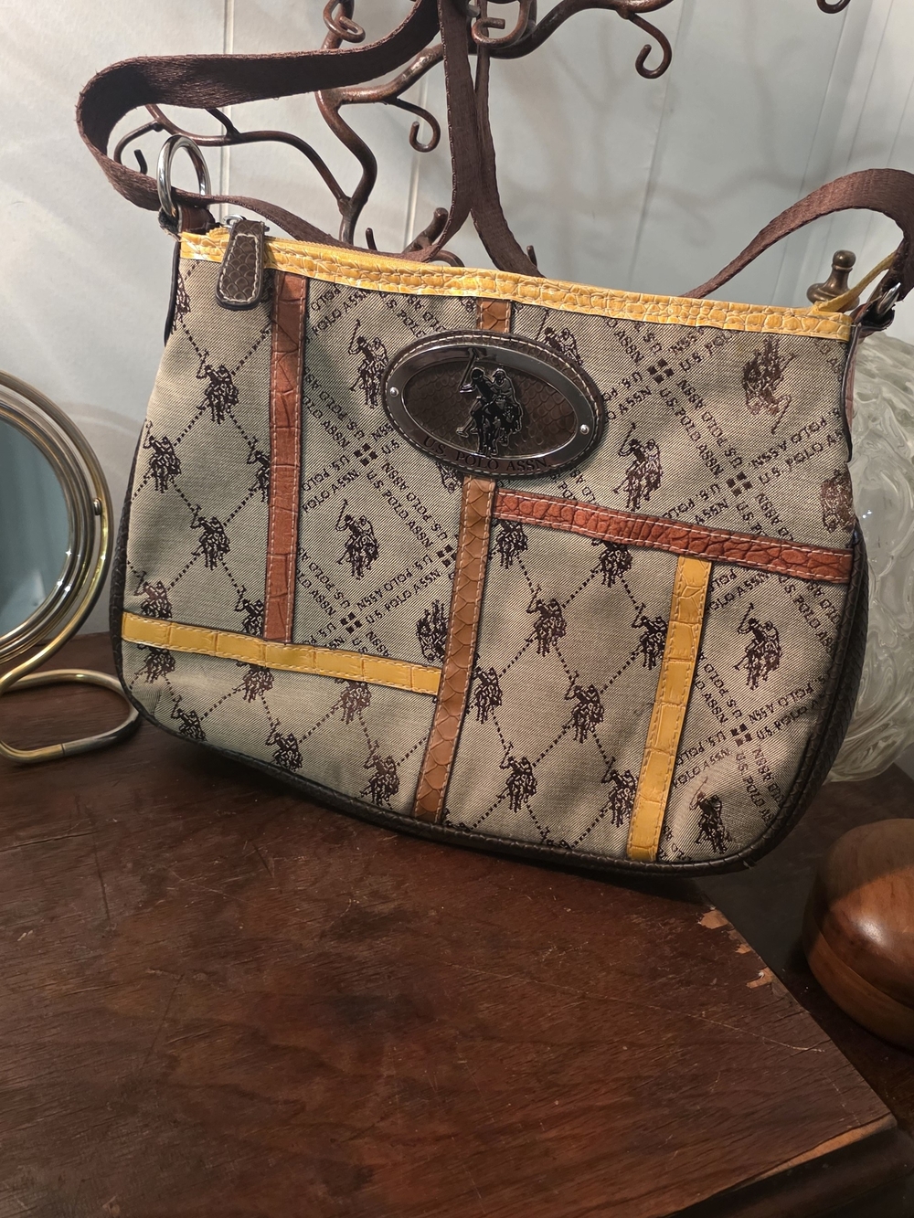 Polo Ralph Lauren Beige and Brown Crossbody Bag with Yellow Accents